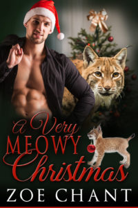 The cover of A VERY MEOWY CHRISTMAS shows the upper half of a handsome man in an unbuttoned shirt, wearing a Santa hat. There is a bobcat to his side, and a decorated Christmas tree behind him. A bobcat kitten with a red Christmas ornament in its mouth is in the lower right, below the larger bobcat.